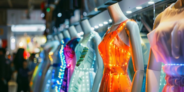 A display of brightly lit dresses in a store window The dresses are in various colors and styles and