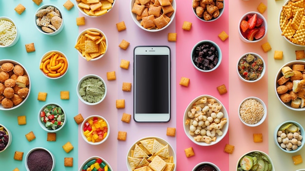 Photo a display of food including a phone and some bowls of food