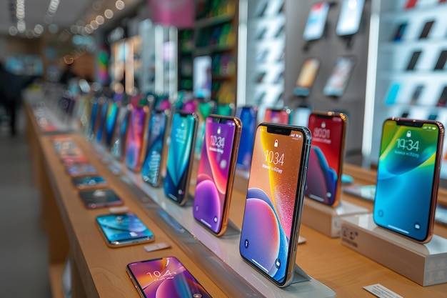 a display of phones with the word iphones on them