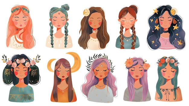 Photo diverse collection of feminine illustrated portraits with vibrant styles and expressions