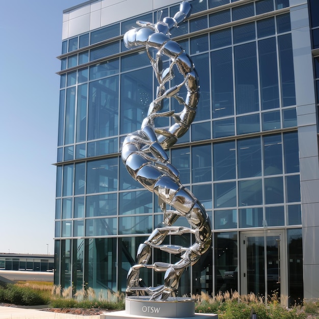 Photo dna structure in front of a modern glass building in the city