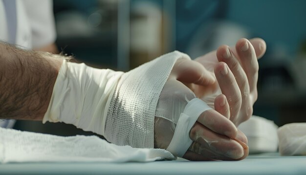 Photo doctor bandaging patients burned hand at table closeup