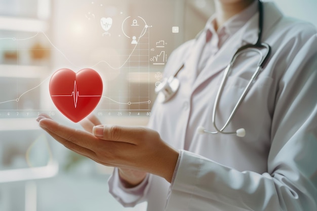 Photo doctor holding digital heart icon in a futuristic medical environment professional healthcare concept modern and innovative medical technology image generative ai