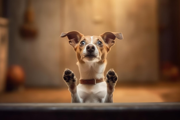 A dog with its paws up on a table