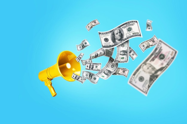 Dollar Money is flying in from the Golden yellow speaker on a blue background a concept Jackpot winning creative idea Bucks are floating Successful business and economic development Bonus