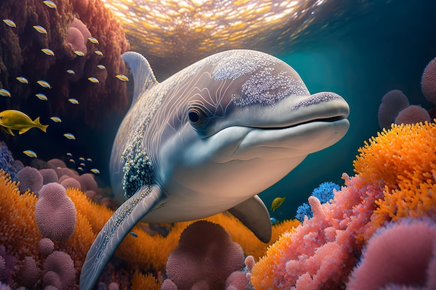 Dolphin swimming in the under sea Beautiful Underwater and colorfull coral in wild nature of the Pacific Ocean Generate Ai