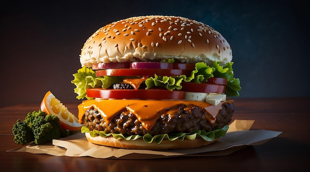 Double Cheeseburger with Grilled vegetables Tomato Lettuce Leaf between burger buns on wooden board