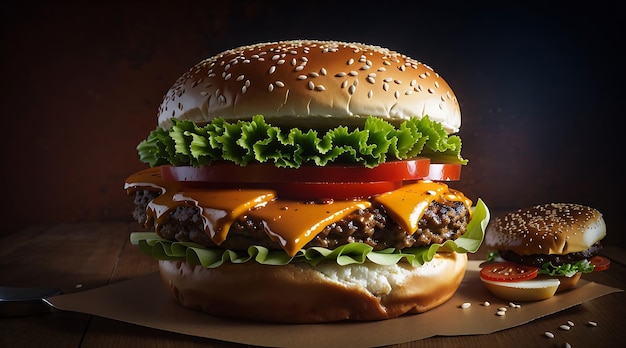 Double Cheeseburger with Grilled vegetables Tomato Lettuce Leaf between burger buns on wooden board