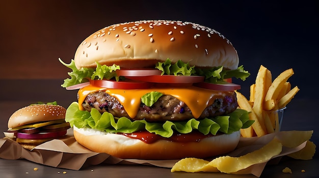 Double Cheeseburger with Grilled vegetables Tomato Lettuce Leaf between burger buns on wooden board