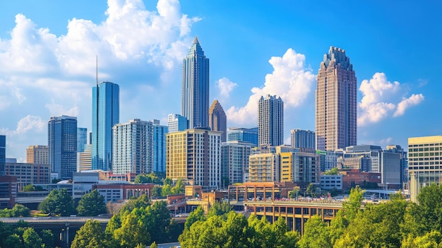 Photo downtown atlanta skyline showing several prominent buildings and hotels under a blue sky