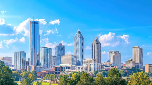 Photo downtown atlanta skyline showing several prominent buildings and hotels under a blue sky