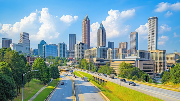 Photo downtown atlanta skyline showing several prominent buildings and hotels under a blue sky