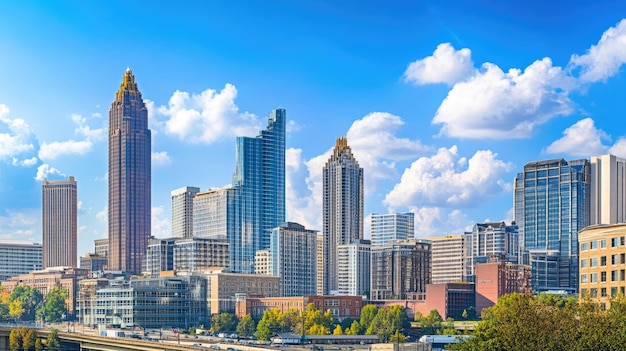 Photo downtown atlanta skyline showing several prominent buildings and hotels under a blue sky