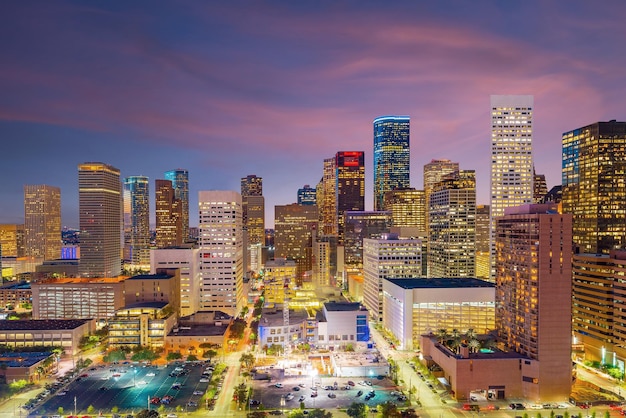 Downtown Houston skyline in Texas USA at twilight