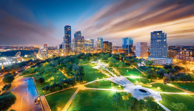 Photo downtown skyline aerial view with city park and long exposure