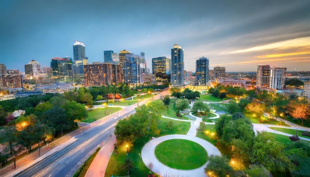 Photo downtown skyline aerial view with city park and long exposure