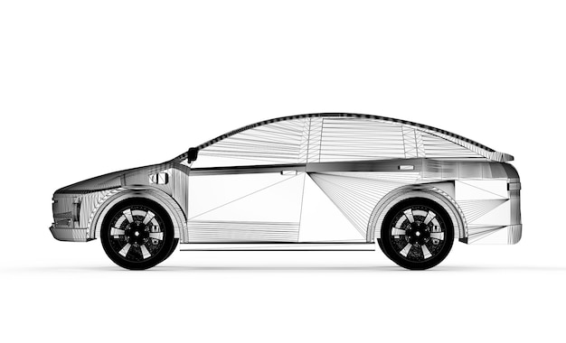 Draft of ev car or electric vehicle on white background