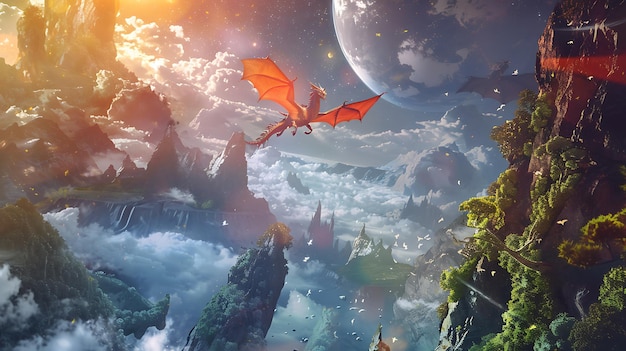 a dragon flying over a waterfall and a city