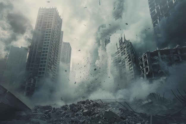 Dramatic image depicting a city under apocalyptic destruction with debris and buildings collapsing