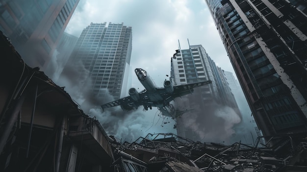 Photo a dramatic scene unfolds as a tumultuous plane crash occurs in the heart of an urban landscape with towering buildings and debris showcasing the intensity of the impact