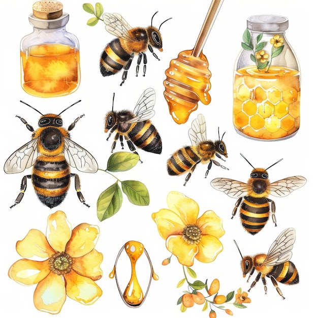 Photo a drawing of bees and honey jars with a jar of honey