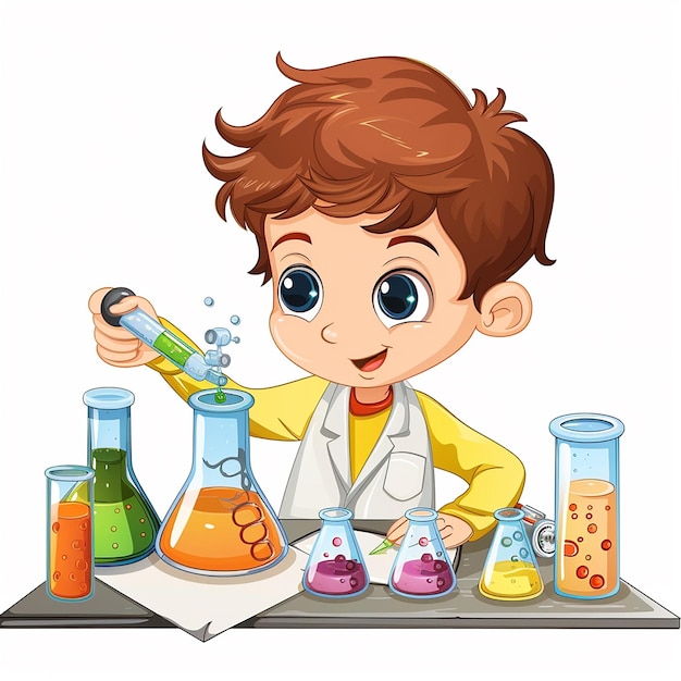 a drawing of a boy with a test tube and a book titled quot test quot