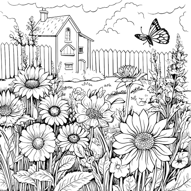 Photo a drawing of a butterfly and flowers with a butterfly on the fence