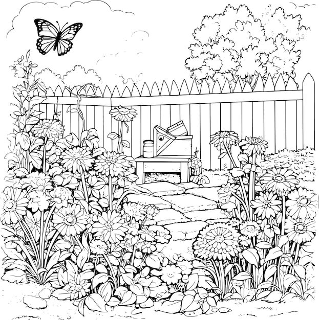 Photo a drawing of a butterfly and a piano in a garden