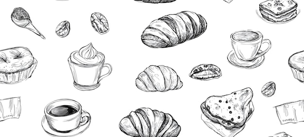 Foto un disegno di un croissant e una tazza di caffè