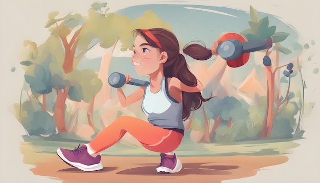 Photo a drawing of a girl doing push ups with dumbbells