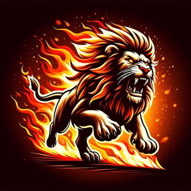 Photo a drawing of a lion with a burning background