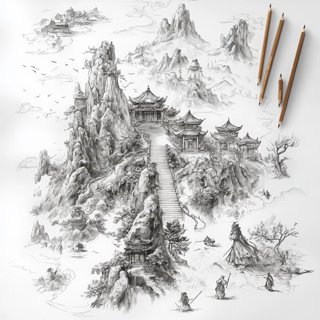 Photo a drawing of a mountain with a pencil and a picture of a temple