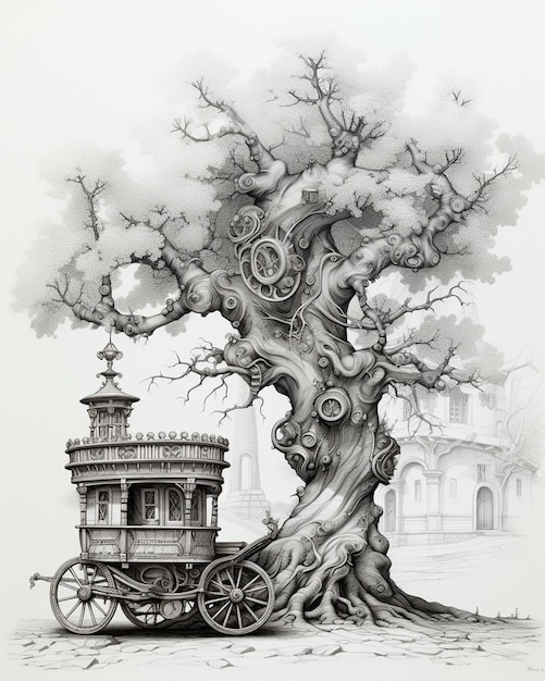 Photo drawing of an old tree with a carriage