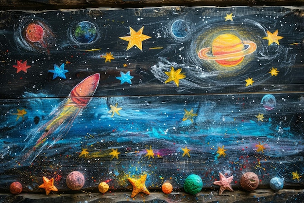 Photo drawing of planets and stars on a wooden background with space rocket