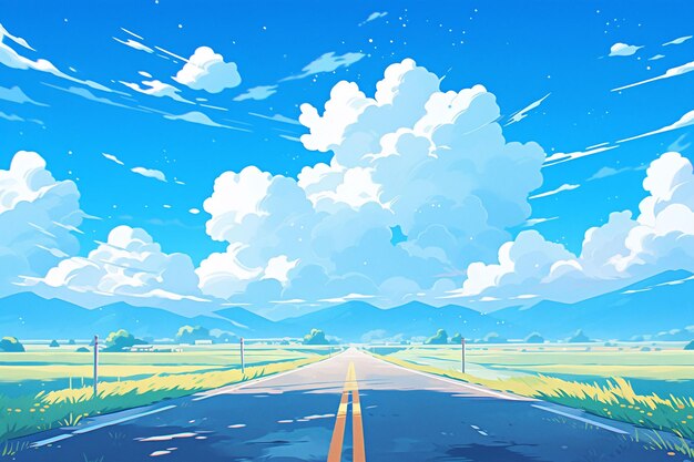 Photo a drawing of a road with a sky and clouds