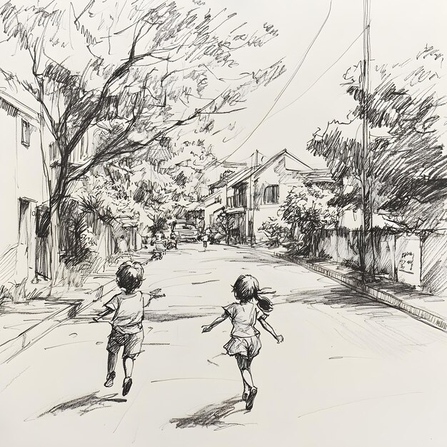 Photo a drawing of two children running down a street with a drawing of two children running