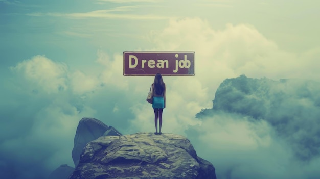 Photo dream job concept image with sign and woman showing the direction to change job and encourage people