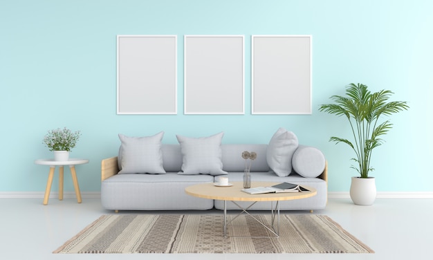 Drie lege fotolijstjes voor mockup in de woonkamer