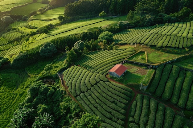 Photo drone view of oldest tea plantation in azores portugal