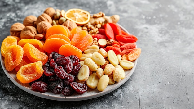 Dry fruits platter isolated on concrete