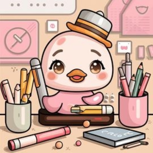 a duck with a pencil and pencil on the table