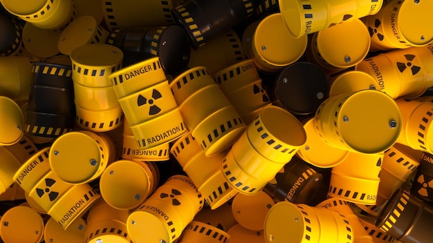 Photo dump of yellow and black barrels with nuclear radioactive waste danger of radiation contamination of industrial containers 3d illustration