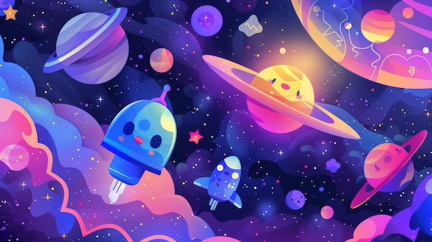 Photo a dynamic and colorful illustration of smiling planets a rocket and stars