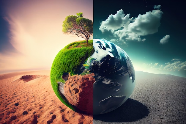 Photo earth on a background of grass and clouds versus a ruined earth on a background of a dead desert generative ai