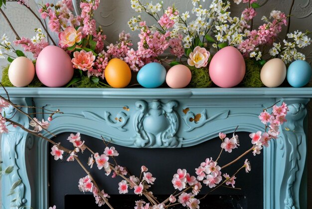 Photo easter eggs in a nest easter eggs in a basket easter eggs and flowers