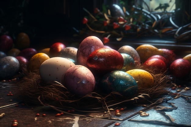 Easter eggs in a nest with a red flower on the bottom left