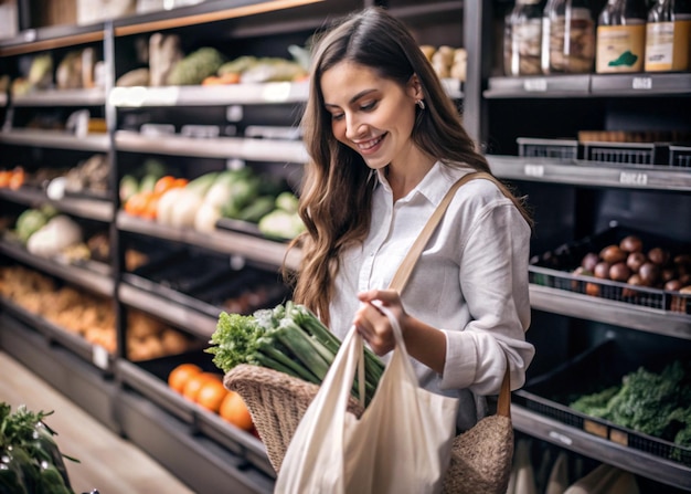 Photo ecoconscious shopper filling reusable bag with groceries