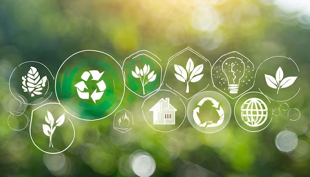 Photo ecological icons on blurred nature background ecology and environment concept