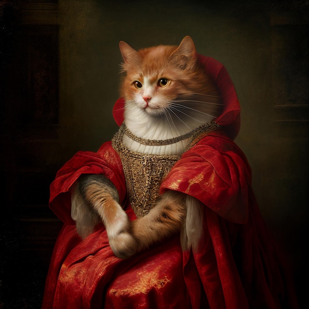 Edele middeleeuwse kattenimitatie van Van Dyck Proud Cat in een rode mantel Generatieve AI-illustratie