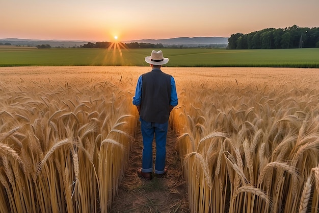 Een boer staat bij zonsondergang in een tarweveld